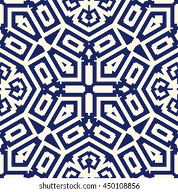 Seamless pattern with symmetric geometric ornament. Navy color abstract background. Vector illustration