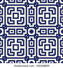 Seamless pattern with symmetric geometric ornament. Navy color abstract background. Vector illustration