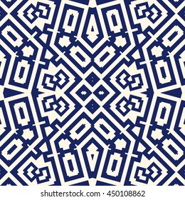 Seamless pattern with symmetric geometric ornament. Navy color abstract background. Vector illustration