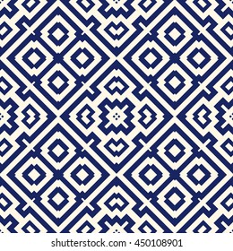 Seamless pattern with symmetric geometric ornament. Navy color abstract background. Vector illustration