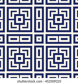 Seamless pattern with symmetric geometric ornament. Navy color abstract background. Vector illustration