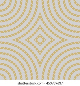 Seamless pattern with symmetric geometric ornament. Gold rhombuses and circles abstract background. Creative wallpaper. Vector illustration