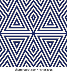 Seamless pattern with symmetric geometric ornament. Striped navy blue abstract background. Repeated triangles wallpaper. Vector illustration