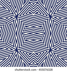 Seamless pattern with symmetric geometric ornament. Striped navy blue abstract background. Ethnic and tribal motifs. Repeated triangles wallpaper. Vector illustration