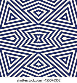 Seamless pattern with symmetric geometric ornament. Striped navy blue abstract background. Ethnic and tribal motifs. Repeated triangles wallpaper. Vector illustration