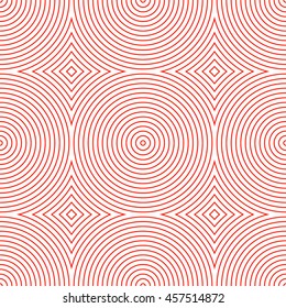 Seamless pattern with symmetric geometric ornament. Red stylized circles and rhombuses abstract background. Creative wallpaper. Vector illustration