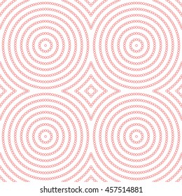 Seamless pattern with symmetric geometric ornament. Red stylized circles and rhombuses abstract background. Creative wallpaper. Vector illustration