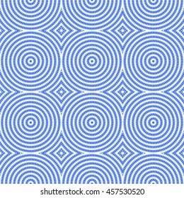 Seamless pattern with symmetric geometric ornament. Blue stylized circles and rhombuses abstract background. Creative wallpaper. Vector illustration