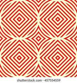 Seamless pattern with symmetric geometric ornament. Red stripes and stylized rhombuses abstract background. Creative wallpaper. Vector illustration