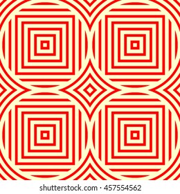Seamless pattern with symmetric geometric ornament. Red stripes, stylized rhombuses and squares abstract background. Creative wallpaper. Vector illustration
