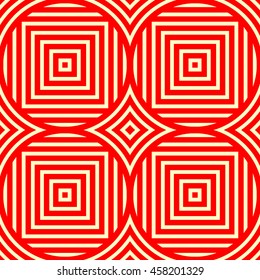 Seamless pattern with symmetric geometric ornament. Color stripes, stylized rhombuses and squares abstract background. Creative wallpaper. Vector illustration