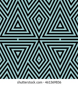 Seamless pattern with symmetric geometric ornament. Striped abstract background. Ethnic and tribal motifs. Repeated triangles and rhombuses wallpaper. Vector illustration