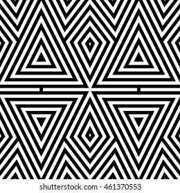 Seamless pattern with symmetric geometric ornament. Striped abstract background. Ethnic and tribal motifs. Repeated triangles and rhombuses wallpaper. Vector illustration
