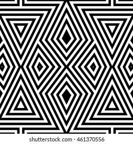 Seamless pattern with symmetric geometric ornament. Striped abstract background. Ethnic and tribal motifs. Repeated triangles and rhombuses wallpaper. Vector illustration