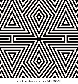 Seamless pattern with symmetric geometric ornament. Striped abstract background. Ethnic and tribal motifs. Repeated triangles and rhombuses wallpaper. Vector illustration