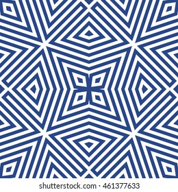 Seamless pattern with symmetric geometric ornament. Striped abstract background. Ethnic and tribal motifs. Ornamental wallpaper. Vector illustration