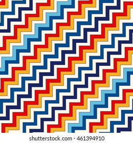 Seamless pattern with symmetric geometric ornament. Chevron zigzag bright colors diagonal lines abstract background. Ornamental vivid wallpaper. Vector illustration