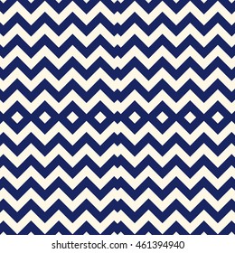 Seamless pattern with symmetric geometric ornament. Chevron zigzag navy colors horizontal lines abstract background. Ornamental vivid wallpaper. Vector illustration
