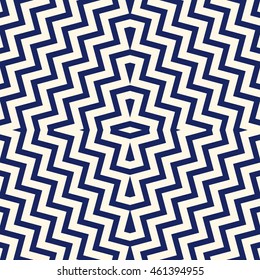 Seamless pattern with symmetric geometric ornament. Striped navy blue abstract background. Ethnic and tribal motifs. Vector illustration