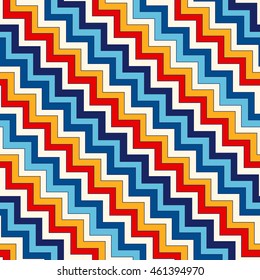 Seamless pattern with symmetric geometric ornament. Chevron zigzag bright colors diagonal lines abstract background. Ornamental vivid wallpaper. Vector illustration
