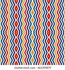 Seamless pattern with symmetric geometric ornament. Chevron zigzag bright colors vertical lines abstract background. Ornamental vivid wallpaper. Vector illustration