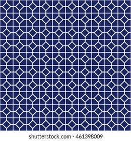Seamless pattern with symmetric geometric ornament. Navy color circle chain abstract background. Vector illustration