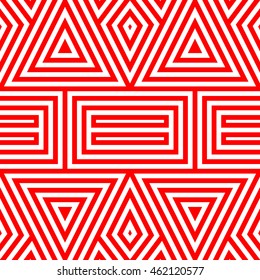 Seamless pattern with symmetric geometric ornament. Striped abstract background. Ethnic and tribal motifs. Repeated triangles and rhombuses wallpaper. Vector illustration