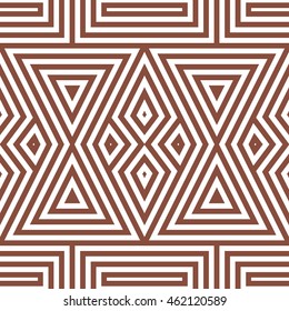 Seamless pattern with symmetric geometric ornament. Striped abstract background. Ethnic and tribal motifs. Repeated triangles and rhombuses wallpaper. Vector illustration