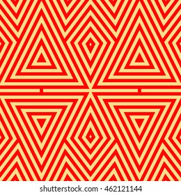 Seamless pattern with symmetric geometric ornament. Striped abstract background. Ethnic and tribal motifs. Repeated triangles and rhombuses wallpaper. Vector illustration