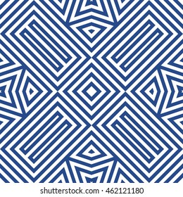 Seamless pattern with symmetric geometric ornament. Striped abstract background. Ethnic and tribal motifs. Ornamental wallpaper. Vector illustration