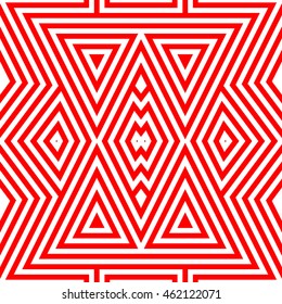 Seamless pattern with symmetric geometric ornament. Striped abstract background. Ethnic and tribal motifs. Repeated triangles and rhombuses wallpaper. Vector illustration