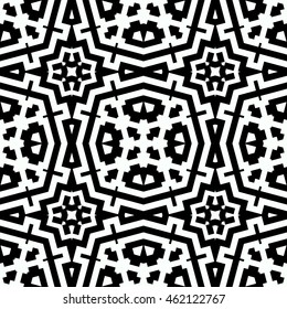 Seamless pattern with symmetric geometric ornament. Stylized ethnic abstract background. Ornamental wallpaper. Vector illustration