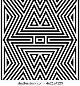 Seamless pattern with symmetric geometric ornament. Striped abstract background. Ethnic and tribal motifs. Repeated triangles and rectangles wallpaper. Vector illustration