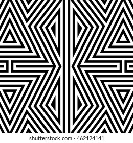 Seamless pattern with symmetric geometric ornament. Striped abstract background. Ethnic and tribal motifs. Repeated triangles and rectangles wallpaper. Vector illustration