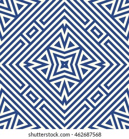 Seamless pattern with symmetric geometric ornament. Striped abstract background. Ethnic and tribal motifs. Ornamental wallpaper. Vector illustration