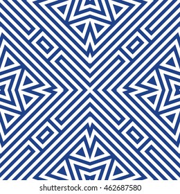 Seamless pattern with symmetric geometric ornament. Striped abstract background. Ethnic and tribal motifs. Ornamental wallpaper. Vector illustration