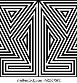 Seamless pattern with symmetric geometric ornament. Striped abstract background. Ethnic and tribal motifs. Repeated triangles and rectangles wallpaper. Vector illustration