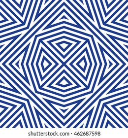 Seamless pattern with symmetric geometric ornament. Striped abstract background. Ethnic and tribal motifs. Ornamental wallpaper. Vector illustration