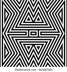Seamless pattern with symmetric geometric ornament. Striped abstract background. Ethnic and tribal motifs. Repeated triangles and rectangles wallpaper. Vector illustration