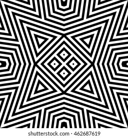 Seamless pattern with symmetric geometric ornament. Striped abstract background. Ethnic and tribal motifs. Ornamental wallpaper. Vector illustration