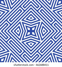 Seamless pattern with symmetric geometric ornament. Striped abstract background. Ethnic and tribal motifs. Ornamental wallpaper. Vector illustration