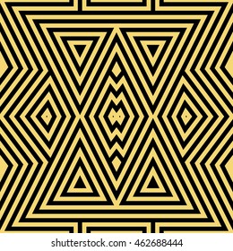 Seamless pattern with symmetric geometric ornament. Striped abstract background. Ethnic and tribal motifs. Repeated triangles and rhombuses wallpaper. Vector illustration