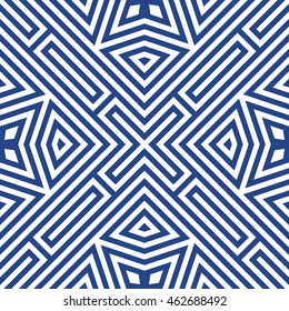 Seamless pattern with symmetric geometric ornament. Striped abstract background. Ethnic and tribal motifs. Ornamental wallpaper. Vector illustration