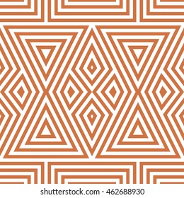 Seamless pattern with symmetric geometric ornament. Striped abstract background. Ethnic and tribal motifs. Repeated triangles and rhombuses wallpaper. Vector illustration