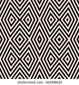 Seamless pattern with symmetric geometric ornament. Striped abstract background. Ethnic and tribal motifs. Repeated rhombuses wallpaper. Vector illustration