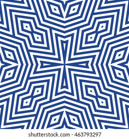 Seamless pattern with symmetric geometric ornament. Striped abstract background. Ethnic and tribal motifs. Ornamental wallpaper. Vector illustration