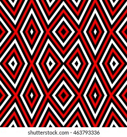 Seamless pattern with symmetric geometric ornament. Striped abstract background. Ethnic and tribal motifs. Repeated rhombuses wallpaper. Vector illustration