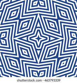 Seamless pattern with symmetric geometric ornament. Striped abstract background. Ethnic and tribal motifs. Ornamental wallpaper. Vector illustration
