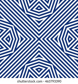 Seamless pattern with symmetric geometric ornament. Striped abstract background. Ethnic and tribal motifs. Ornamental wallpaper. Vector illustration