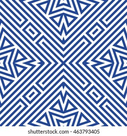 Seamless pattern with symmetric geometric ornament. Striped abstract background. Ethnic and tribal motifs. Ornamental wallpaper. Vector illustration